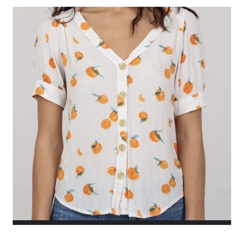 Maeve Anthropologie Citrus Print Blouse Women Button Down Short Sleeve Shirt 2